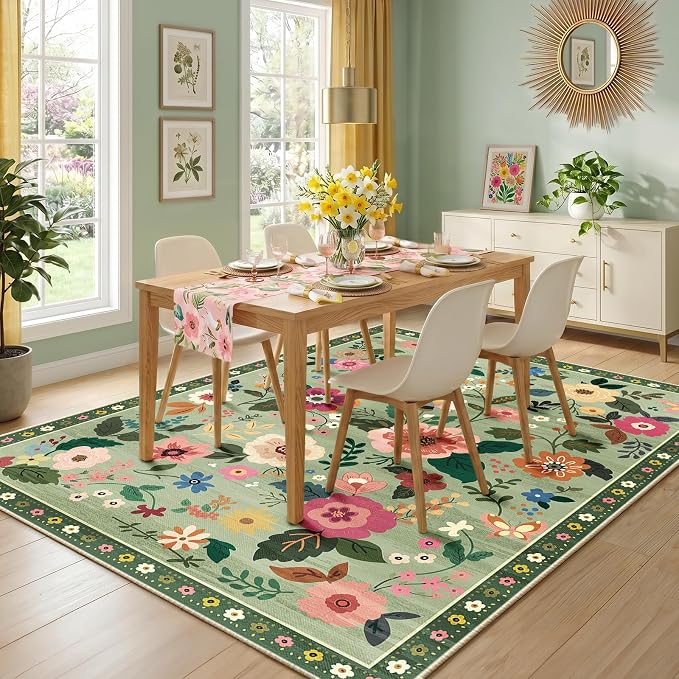 RELEANY Floral Washable 8x10 Area Rugs LightGreen | Flower Carpet, Print, Boho, Non-Slip, Easy to Clean, Soft, Low Pile for Living Room Bedroom Kitchen Office Entryway Hallway