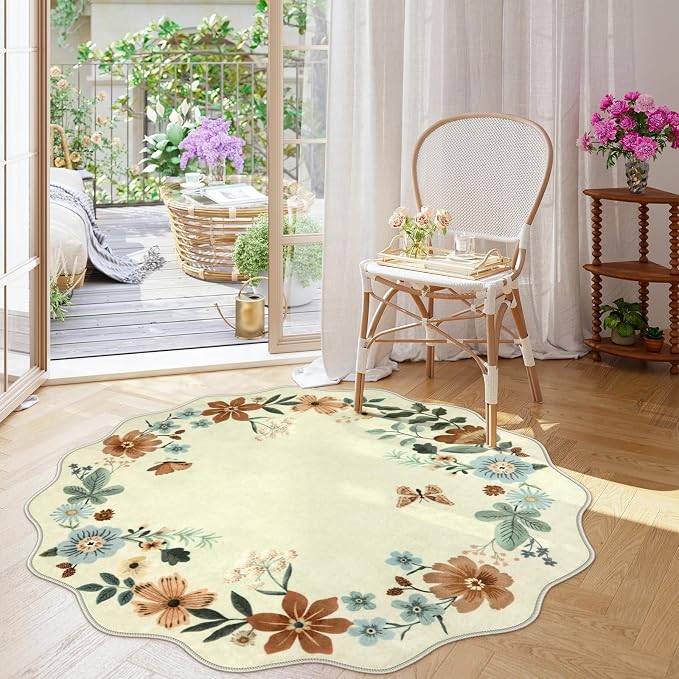 Lahome Floral Washable Round Rugs, Non-Slip Soft Round Rug 4ft Ultra-Thin | Small Boho Circle Carpet for Entryway Kitchen Bedroom Nursery Bathroom Flore, Beige