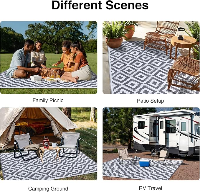 OLANLY Waterproof Outdoor Rug 8x10 ft, Outdoor Plastic Straw Rug for Camping, RV Mat Outside, Outdoor Carpet for Porch, Deck, Backyard, Balcony, Picnic, Grey & White