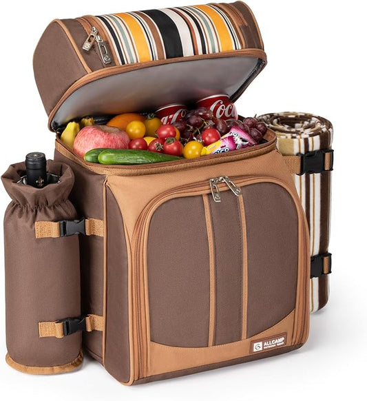 ALLCAMP Picnic Backpack - Insulated Cooler Bag with Compartment, Detachable Wine Glass Holder, Throw Blanket & Cutlery Set,2 Person Picnic Set for Family Outings, Couple Gifts (Brown)