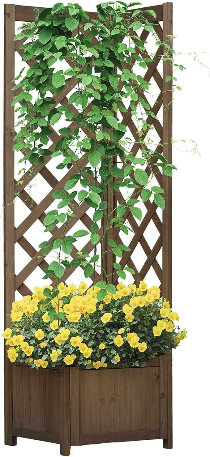 Outsunny Wooden Raised Garden Bed with Trellis, 57" Freestanding Corner Planter Box for Vine Plants Flowers Climbing and Planting Carbonized