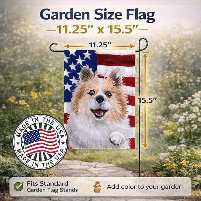 Caroline's Treasures CK6566GF Icelandic Sheepdog Dog American Flag Garden Flag Mailbox Flag Decorative Yard Flag Banner Outside Patio Artwork Yard Flower Beds, Garden Size, Multicolor