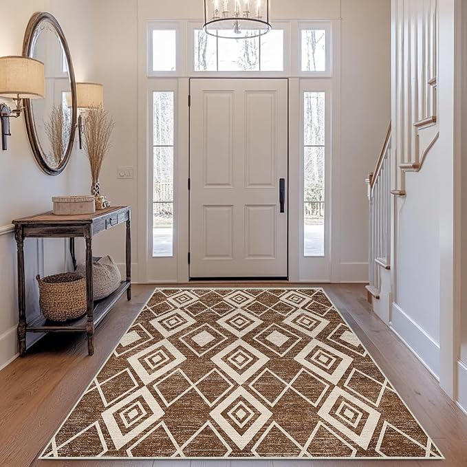 4x6 Moroccan Area Rug for Living Room Bedroom Entryway Western Boho Terracotta Modern Farmhouse Rug Machine Washable Non-Slip Tribal Series Carpet for Bedside Dining Room Office