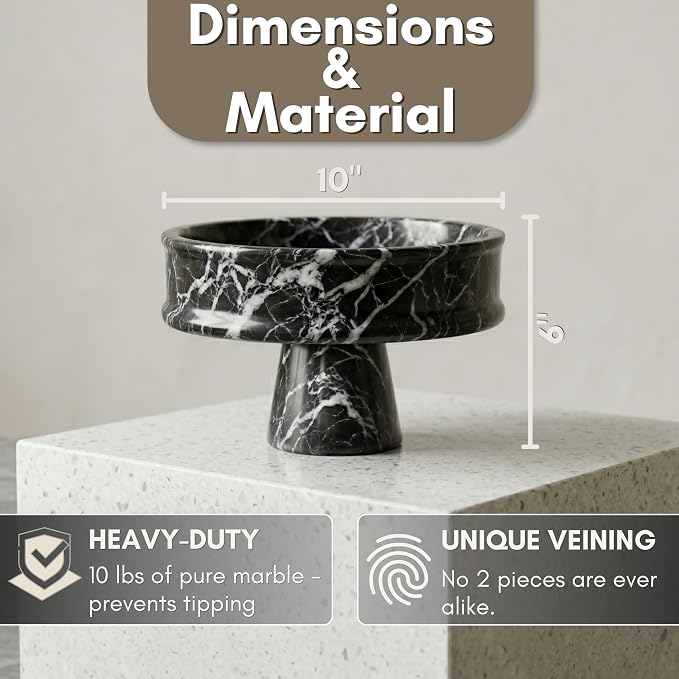 Marble Fruit Bowl for Kitchen Counter, 10" Handcrafted Natural Stone Decorative Bowl, Catch-All Key Dish, Dining Table Centerpiece, Pedestal Bowl, & Housewarming Gift (Black Marble)