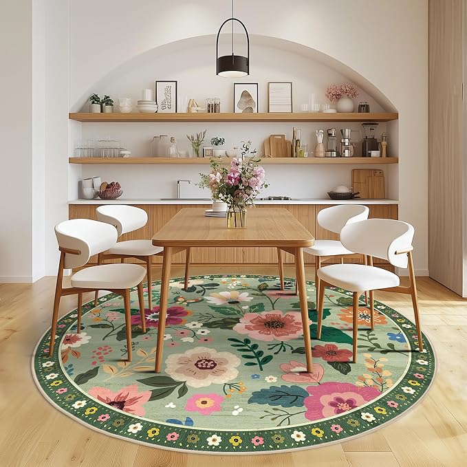 RELEANY Floral Washable Round 6ft Area Rug LightGreen | Flower Carpet, Print, Boho, Non-Slip, Easy to Clean, Soft, Low Pile for Living Room Bedroom Kitchen Office Entryway Hallway