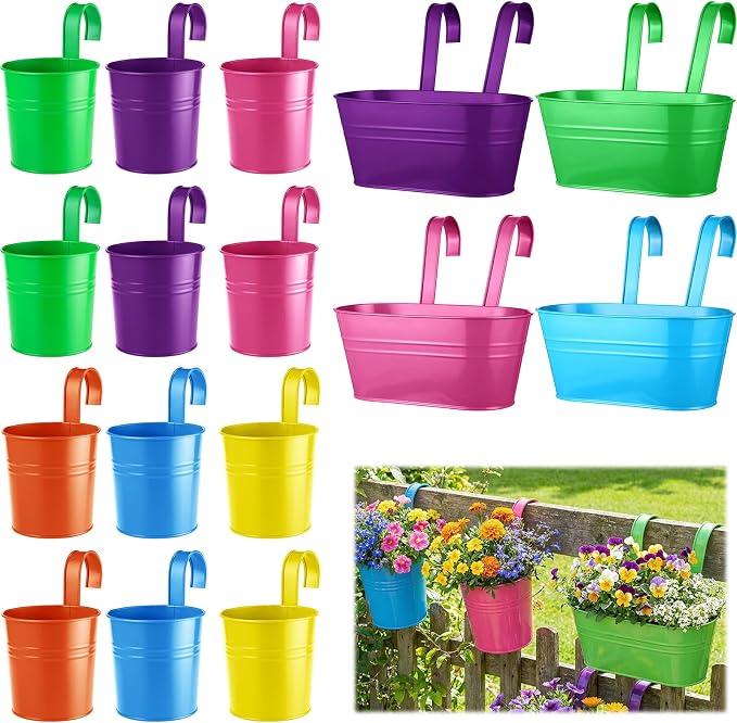 16 Pcs Hanging Flower Pots Planters for Outdoor Metal Iron Wall Flower Planter Baskets for Railing Fence Balcony Garden Yard Home Indoor Decoration with Detachable Hooks (Colorful)