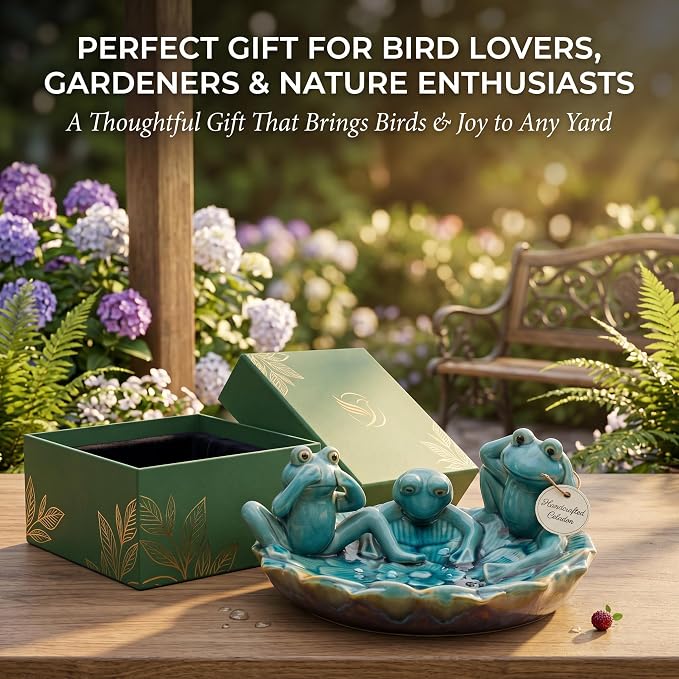 Topadorn Ceramic Bird Bath for Outside, 11.6" Frog Bird Bath with Unique Crackle Reactive Glaze, Decorative Garden Birdbath for Patio, Lawn & Backyard Decor