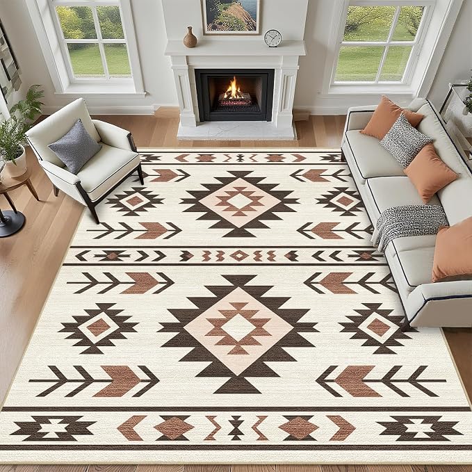 8x10 Area Rug for Living Room Western Rug Southwestern Aztec Tribal Rugs Southwest Navajo Machine Washable Non-Slip Printed Low-Pile Floor Carpet for Bedroom Dining Room Office, Beige
