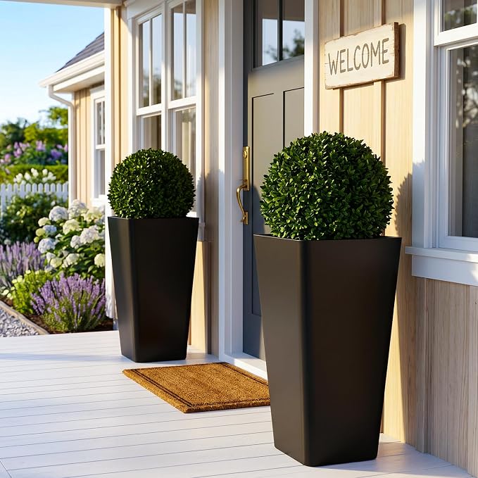 KOL Planters for Outdoor Plants, 28 Inch Tall Black Flower Pots 2 Pack, Large Plastic Plant Pots with Drainage Hole and Dual-Purpose Tray, Decorative Indoor Planter for Front Porch Patio Garden