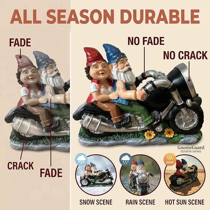 Motorcycle Gnome Couple Solar Light Outdoor Garden Statue Decor | 11 inch Resin Biker Pair Weatherproof LED Powered Yard Patio Lawn Porch Deck Funny Anniversary Birthday Gift Idea for Him