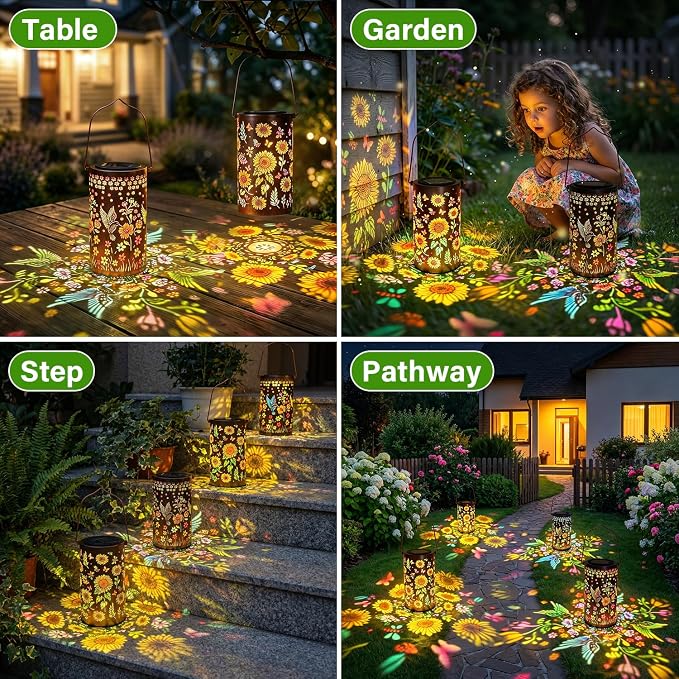 2 Pack Colorful Solar Outdoor Lanterns Waterproof - Sunflower + Hummingbird Solar Lantern Hanging Solar Light for Courtyard & Garden Decor, Ideal Birthday Gifts Mothers Day Gifts for Mom Wife Grandma