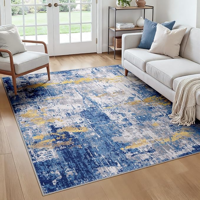 RELEANY Washable Square 6'x6' Area Rug for Living Room Blue Gold | Carpet for Bedroom, Kitchen, Office, Hallway and Entryway, Printed Pattern, Non‑Slip, Soft, Stain‑Resistant, Easy to Clean