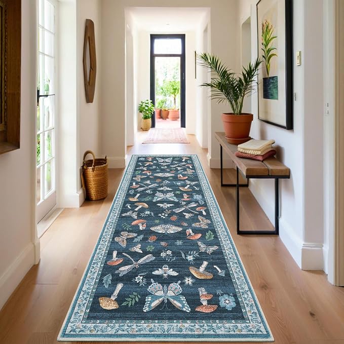 2.5x8 Runner Rug for Hallway Washable Kitchen Rugs Non Slip with Rubber Back Mushroom Soft Low-Pile Stain Resistant Foldable Indoor Carpet for Entryway Laundry Room Floor Mats Blue