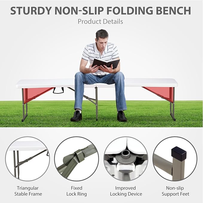 6ft Plastic Folding Bench with Carrying Handle & Lock, Portable Outdoor Bench in Garden Picnic Camping Dining Party Seat, Waterproof Bench for Soccer Activities, Firm and Durable (2Pack C)