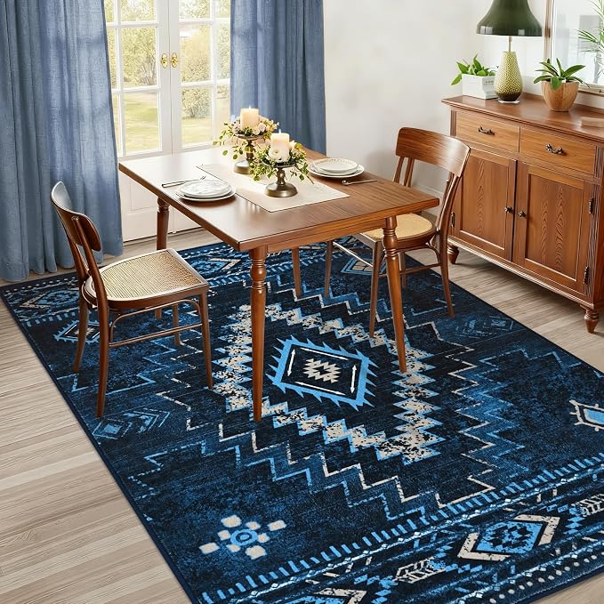 Yinhua Western 3x5 Entryway Rug, Aztec Machine Washable Rug Low-Pile | Moroccan Non-Slip Area Rugs with Rubber Backing, Navy Blue Carpet Stain Resistant for Bedroom Office