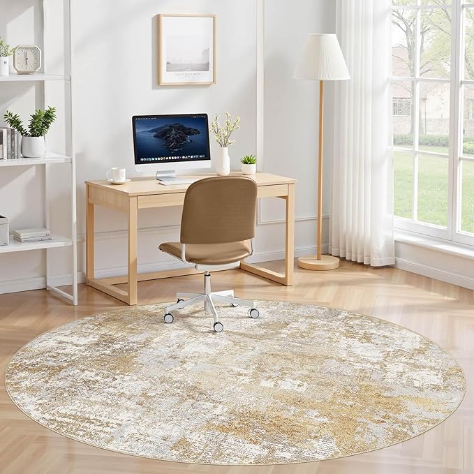 Tortania Washable 8' Round Area Rug for Living Room: Modern Abstract Neutral Large So' Thin Rugs - Non Slip Indoor Carpet for Bedroom Dining Room Office Nursery Home Floor Decoration - Brown Grey