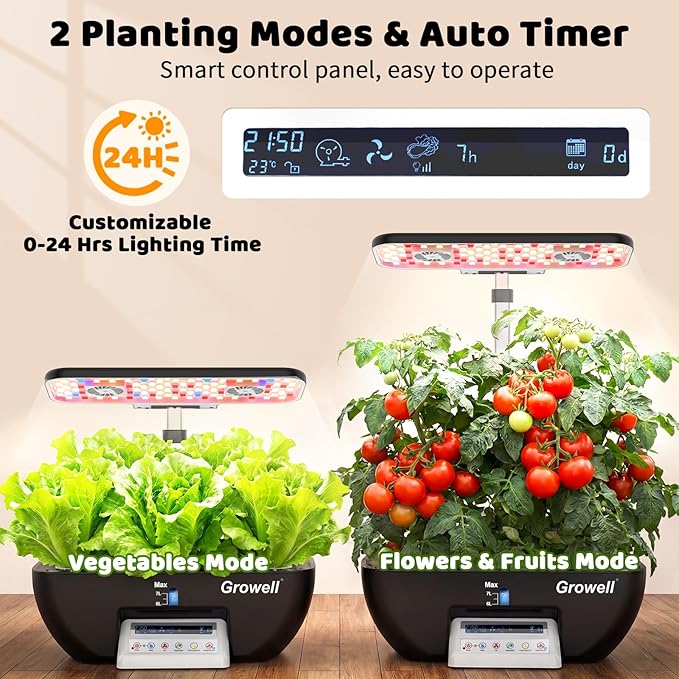 Growell 17 Pods Hydroponics Growing System Kit, Indoor Garden with 2 Fans | for Airflow & Anti-Mold, LED Grow Light, Smart Water Cycle, Auto Timer, 10L Large Water Tank,Gardening Gift, Black/White