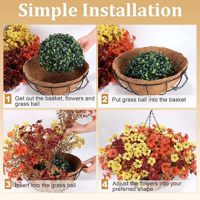 2 Set Artificial Hanging Basket Fall Flowers, UV Mixed Mums for Outdoors | Fake Faux Look Real Mums Plants for fall Decor Thanksgiving Displays Front Doors Patios Balconies Yards