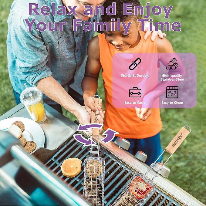 Rolling Grill Basket, Grill Baskets for Outdoor Grill, REMOVABLE HANDLE, Anti-Scorch Stainless Steel BBQ Net Tube for Meat, Shrimp, Vegetables, Grill Accessories, Gifts for Dad, Husband (Round)