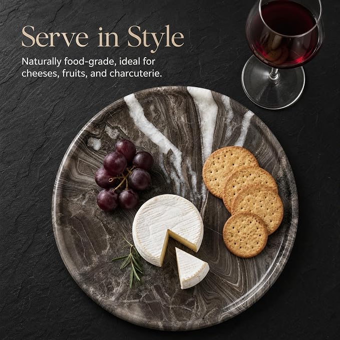 Real Natural Marble Round Tray 10.2in Solid Stone Decorative Plate | Luxury Brown Marble Decor Tray for Candle, Jewelry, Plant. Food-Safe Solid Stone Serving Dish with Unique Veining