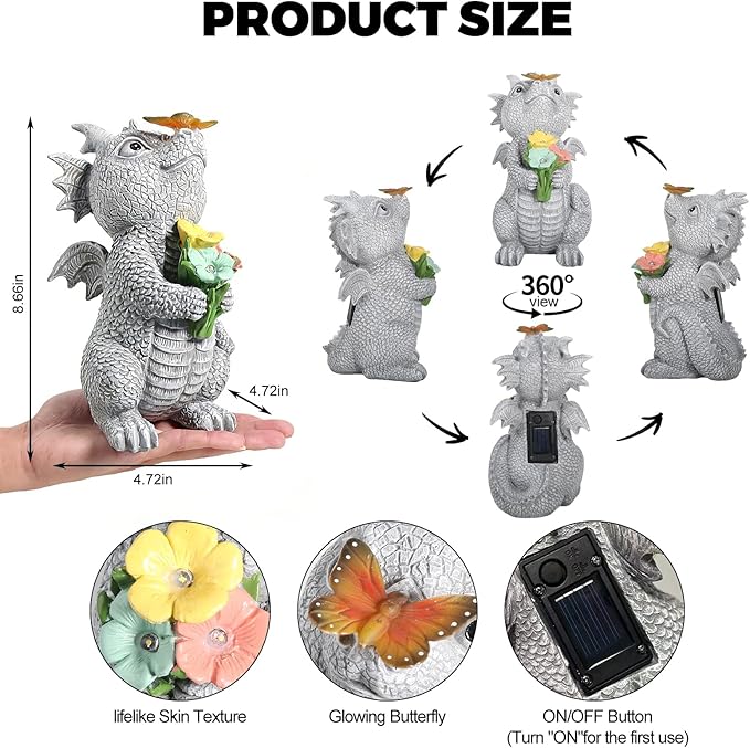Solar Garden Dragon Statue Outdoor Garden Decor Lights Unique Dragon Gifts for Women Mom Yard Patio Decorations Solar Powered