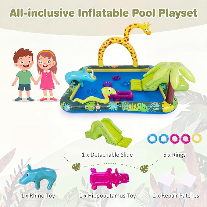 GLACER Inflatable Kiddie Pool, Outdoor Splash Pad with Slide & Sprinkler | Jungle Adventure Toddler Swimming Pool with Ring-Toss Game, Water Play Center for Backyard, Garden, 70"L x 54.5"W x 82"H