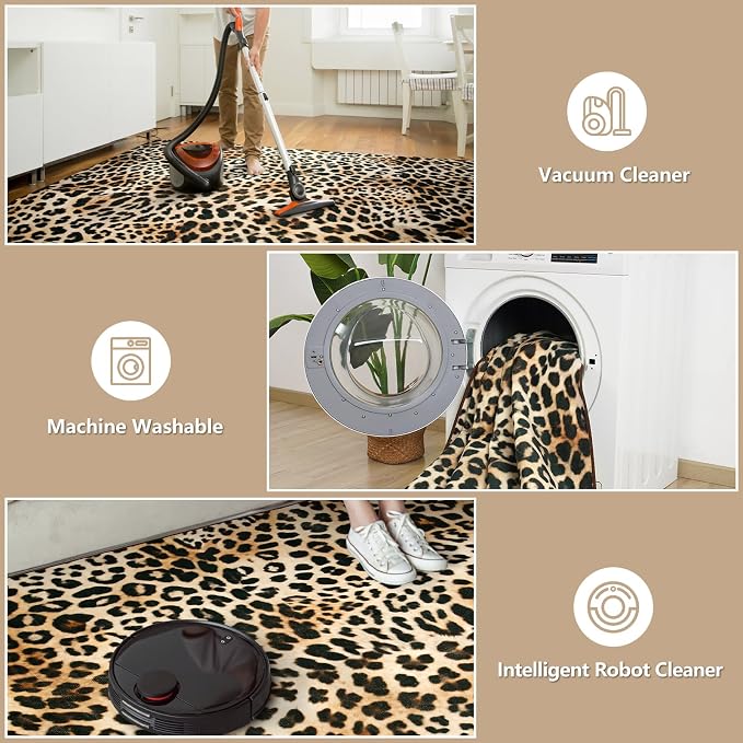 DweIke Leopard Print Rug for Living Room, Machine Washable 6x9 Cheetah Area Rugs for Bedroom, Non-Slip Low Pile Animal Hide Carpet with Rubber Backing for Dining Room Kitchen Home Decor,White Brown