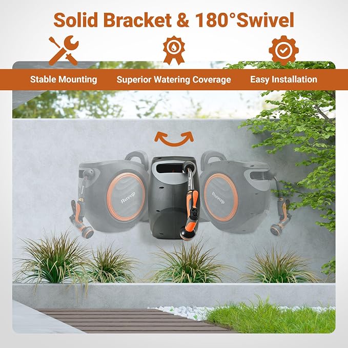Ruvup Retractable Garden Hose Reel, 1/2” x 110ft+6.5ft Automatic Water Hoses Reels for Outside with 10 Pattern Nozzle, UV Resistant Wall Mount Slow Retraction Any Length Lock 180° Swivel Bracket