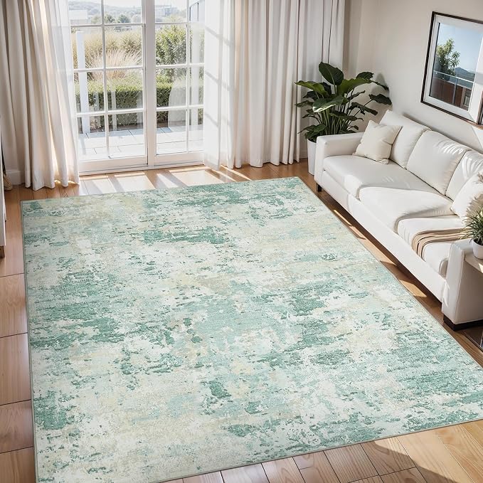ROYHOME Modern Abstract Area Rug 9x12 Non Slip, Green | Non Shedding Rug Low Pile Stain Resistant for Bedroom Living Room
