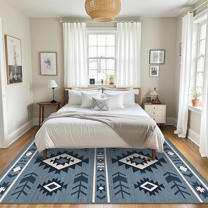 Area Rug 5x7 Western Rug Living Room Southwestern Aztec Tribal Rugs Southwest Navajo Machine Washable Non-Slip Printed Low-Pile Floor Carpet for Bedroom Dining Room Office, Blue