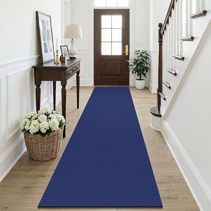 KOZYFLY Cotton Runners Rugs for Hallway 2.5'x10', Washable Runner Rug, Woven Non Slip Kitchen Runner, Braided Entryway Rug, Floor Carpet for Entry, Aisle, Hall, Royal Blue/Navy