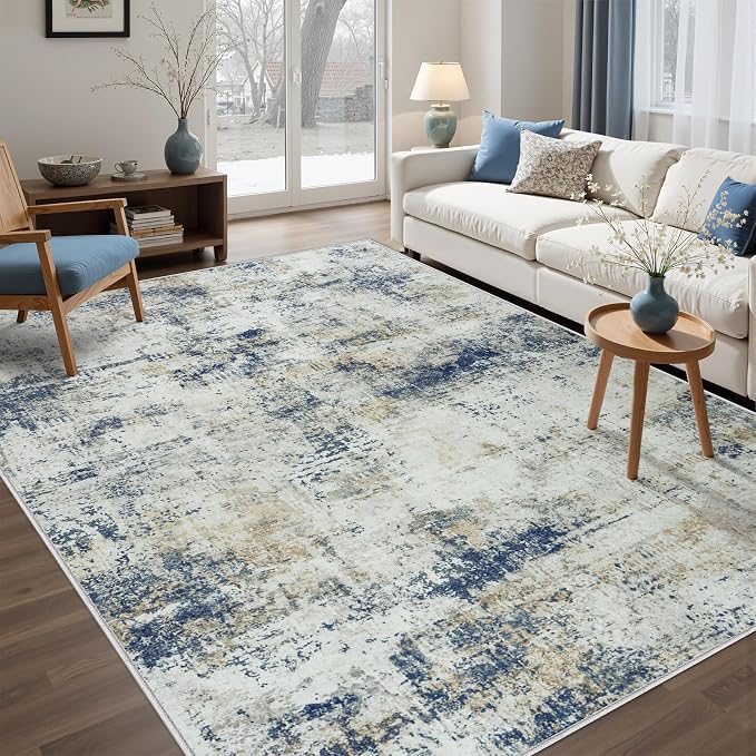 Tosuoka 6x9 Area Rugs for Living Room Abstract Washable Blue Brown Rug | With Anti-Slip Backing，Non-Shedding，Stain-Resistant，Soft Modern Large Carpet for Bedroom Dining Room Farmhouse Nursery