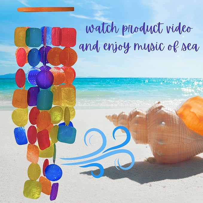 Bellaa 22913 Wind Chimes Outdoor, Garden Decorations, Musical, Indoor/Outside Windchimes, Beach, Ocean Breeze, Gifts for Mom, Gift for All Occasions, Capiz Sea Glass Shells Wood White 27 inch