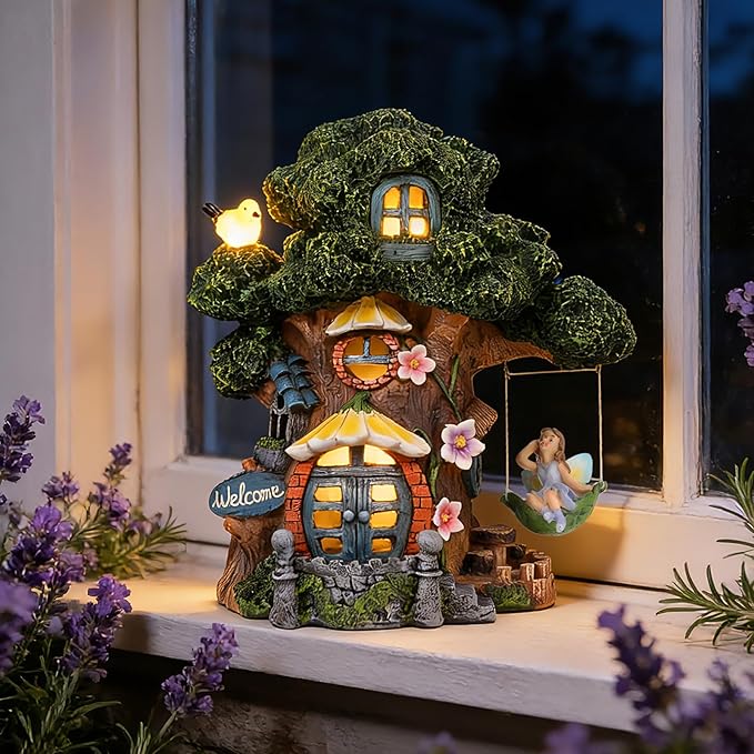 Fairy House Garden Outdoor Decor, Large Garden Gnome House and Fairy Figurines with Solar Lights Waterproof Resin Ornaments Decorations for Patio Yard Lawn