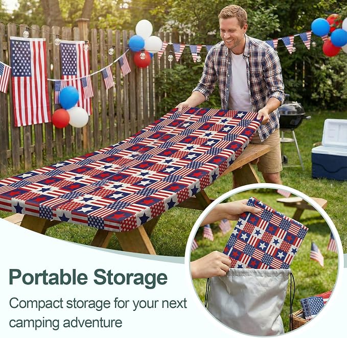 Play Tailor Picnic Table Cover with Bench Covers Camping Essentials Waterproof Windproof Camping Tablecloth with Drawstring Bag, Fitted Rectangle Tables and Seats, 72in, Red Blue Checkered