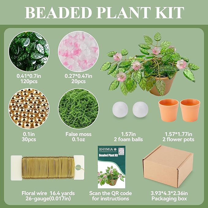 XHYMIA Beaded Plant Kit Green Glass Leaf Beads, Flower Glass Beads Mini Forever Plant Making and DIY Crafts with Video Tutorials