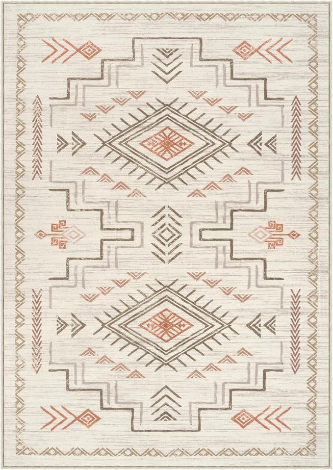 STARUIA Moroccan Washable Area Rug 5x7, Beige Western and Aztec Tribal Boys Neutral Rug for Living Room, Soft Non-Slip Stain Resistant Large Carpet for Bedroom Dining Room