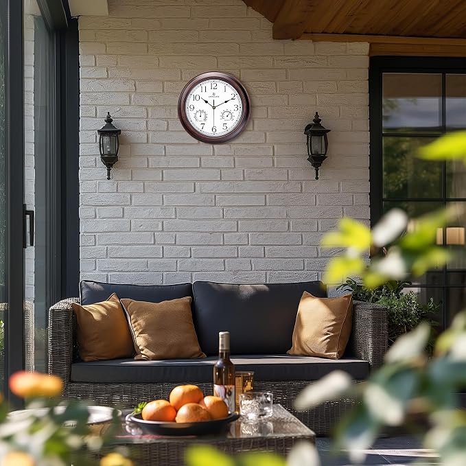 Lafocuse 12 Inch Outdoor Clocks Waterproof for Patio Pool Bathroom | With Thermometer Combo and Hygrometer, Vintage Rustic Weather Outside Clock for Garden Garage Porch Kitchen, Silent, Accurate