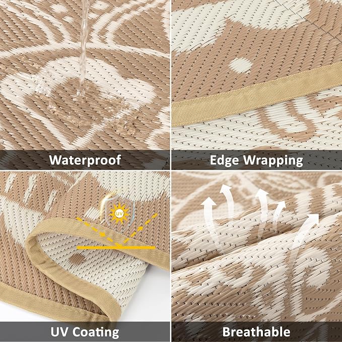Pauwer Waterproof Outdoor Rug 8ft, Reversible Plastic Straw Patio Camping Rug, Indoor Outdoor RV Mat Carpet for Deck, Camper, Porch, Balcony, Backyard, Picnic, Floral Brown