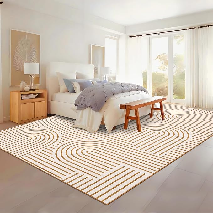 ROYHOME Modern Washable Rug 9x12 Area Rugs for Living Room Non Slip, Orange | Abstract Rug for Bedroom, Rainbow Throw Rugs with Rubber Back, Low Pile Stain Resistant Boho Geometric Carpet for Dining Room