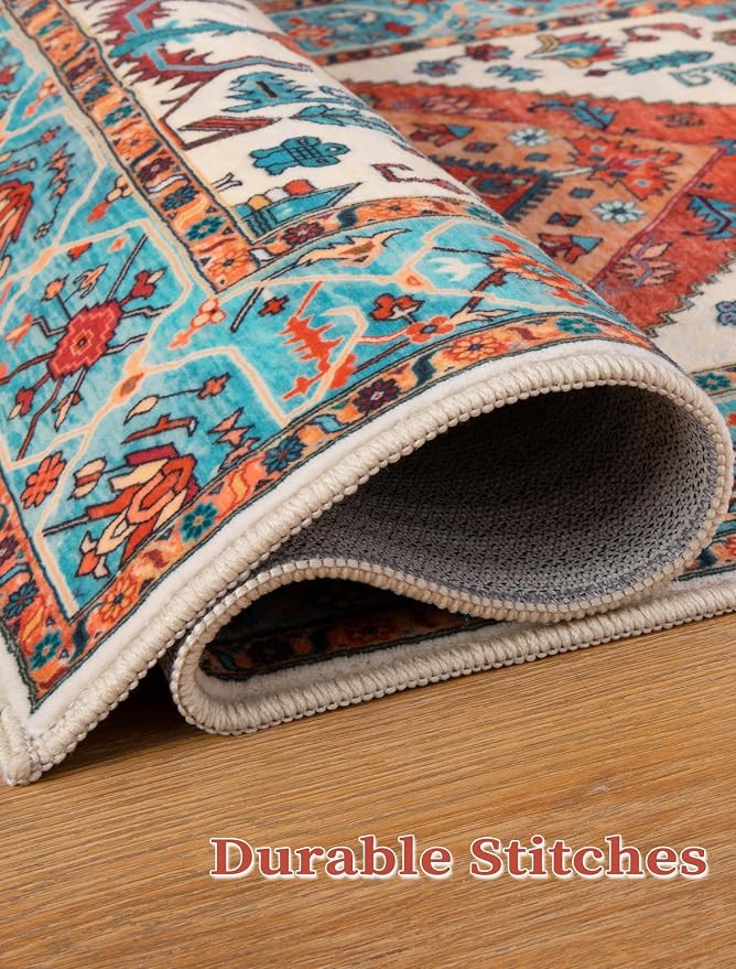 SERISSA 2'6"x10' Washable Non Slip Boho Runner Rug for Hallway，Orange | Ultra Soft Vintage Oriental Carpet Low-Pile Tribal Floor Carpet for Kitchen Bedroom Bathroom Laundry Room