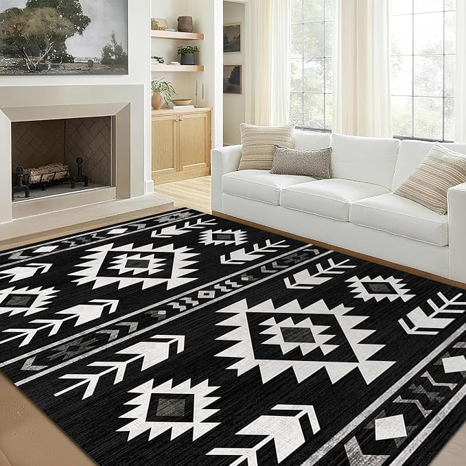 Area Rug 5x7 Western Rug Living Room Southwestern Aztec Tribal Rugs Southwest Navajo Machine Washable Non-Slip Printed Low-Pile Floor Carpet for Bedroom Dining Room Office, Black