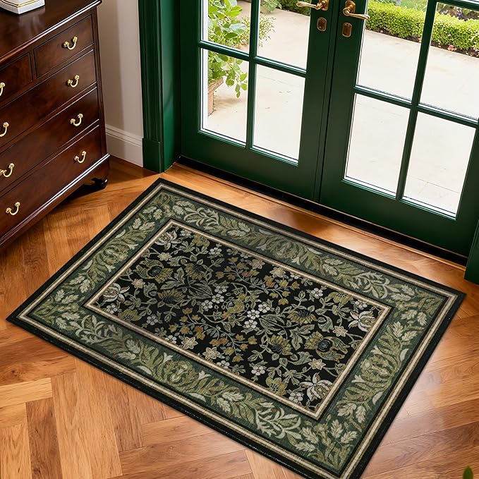 GarveeHome Small Area Rugs 2x3 Non Slip Washable Entryway Rug, Green Black | Boho Vintage Front Door Mat Soft Low-Pile Stain Resistant Indoor Throw Carpet for Kitchen Bathroom Bedroom Decor