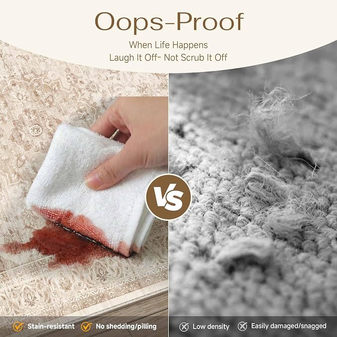 2'6x10 Beige Washable Runner Rug Non Slip Vintage Carpet | Low Pile, Stain Resistant, Living Room, Kitchen, Bathroom, Bedroom, Entryway, Hallway, Soft, Thin, Lightweight