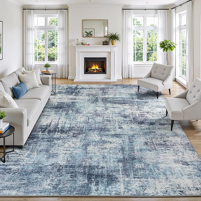 9x12 Area Rug for Living Room, Abstract Washable Non-Slip Large Rugs, Blue | Soft Neutral Carpet for Bedroom, Dining Room, Home Office Nursery Indoor, Stain Resistant, Non-Slip, Low Pile Modern Rug