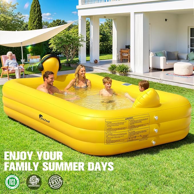 FizZeal Inflatable Pool with LED Lights,Solar Duck Inflatable Pool | 100*60*22 Thickened durable blow-up structure, suitable for kids, adults and family outdoor backyard water play