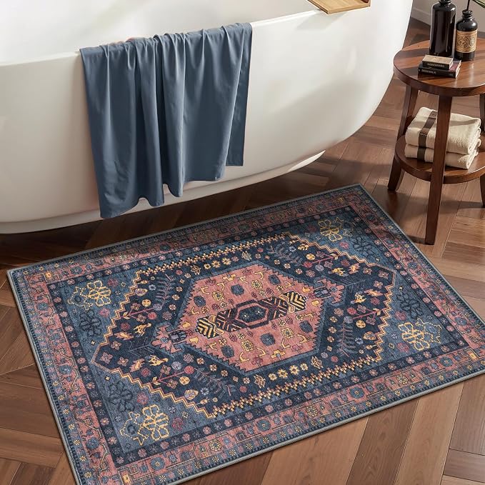 Ciicool 2x3ft Small Area Rug,Washable Boho Thin Mat for Entryway Kitchen | Oriental Non-Slip Low-Pile Indoor Carpet Soft Navy Rugs for Entrance Bedroom Kitchen Bathroom Foyer Decor
