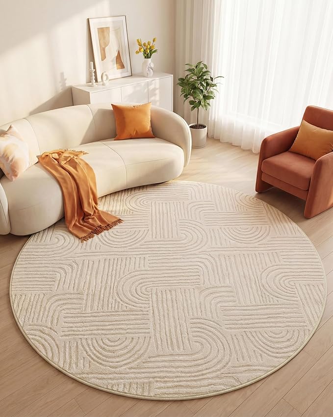 Carvapet 5.2ft Round Rug Beige Washable High Low Pile Carpet | Soft plush textured rug with non slip backing for living rooms, bedrooms, nurseries and cozy indoor spaces