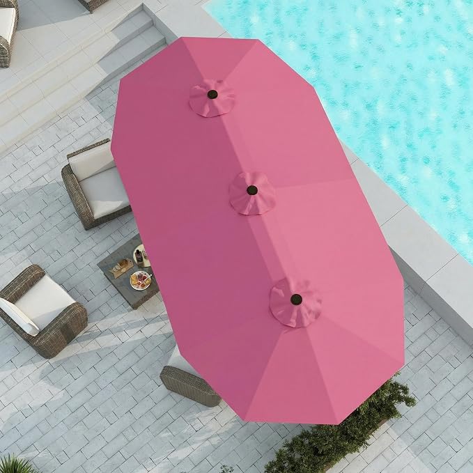 15FT Large Patio Umbrella with Base Included, Double Sided Outdoor Market Umbrella with Flexible Fiberglass Ribs, UV-Blocking Extra Large Umbrella for Garden, Pool, Deck, Rose Pink