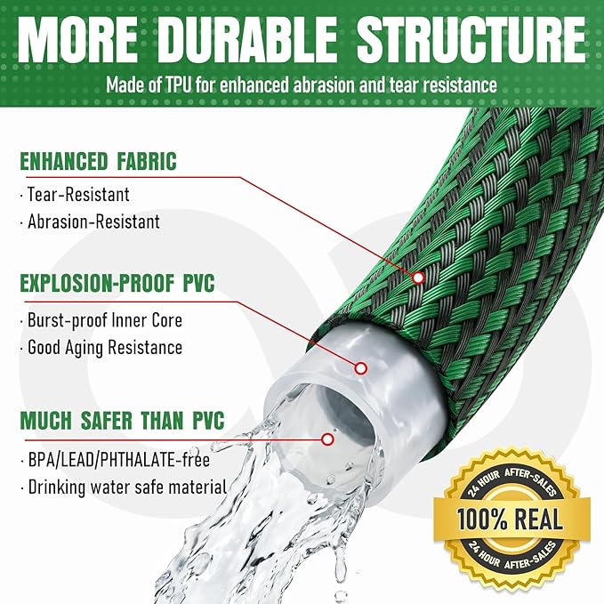 NON-EXPANDABLE Garden Hose 50 ft, Heavy Duty Flexible Water Hose, Kink Resistant Lightweight Hybrid Hose with Durable Fabric Skin, Leakproof Hose Male to Female Fittings